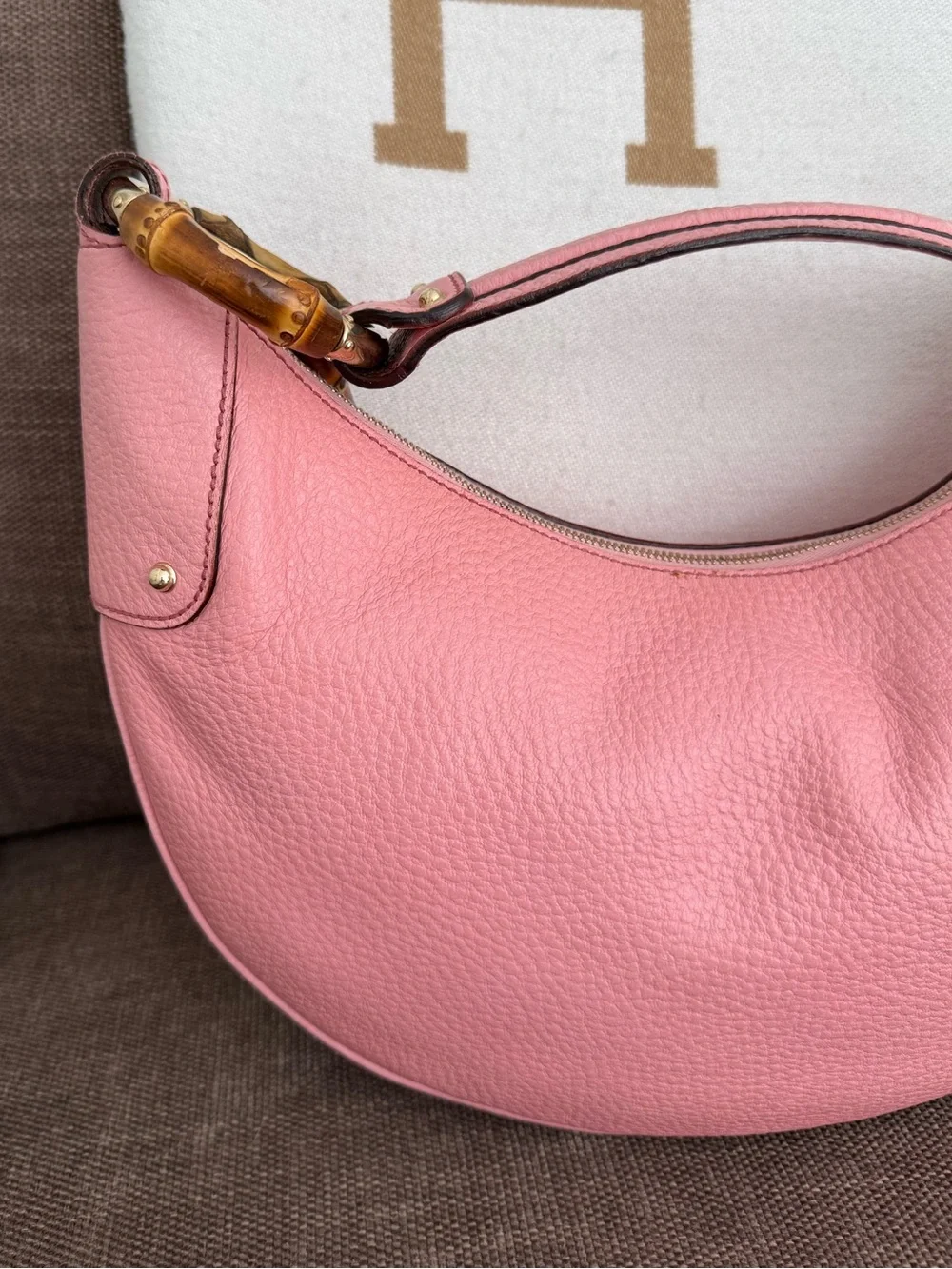 Authentic Gucci pink leather hobo bag bamboo accents shoulder bag